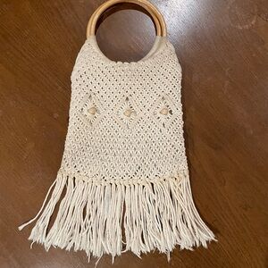 Vintage Boho Cream Crochet Handbag with Wooden Handles